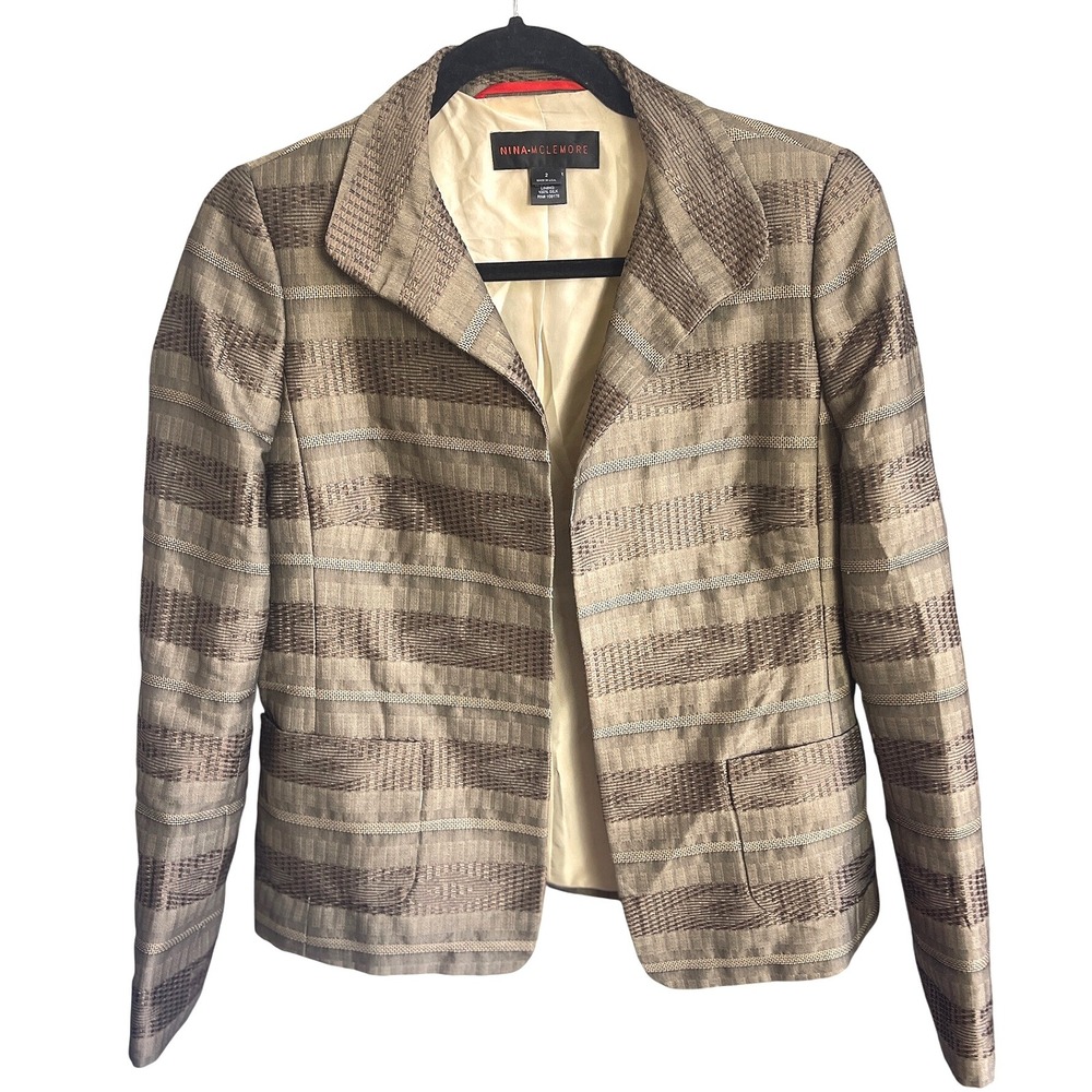 Nina Mclemore Western Blazer Jacket Size‎ 2 Geometric Stripe Silk Lined